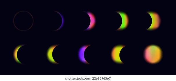 Eclipse of the planet, moon or sun. Iridescent shadow of a dazzling flash. The process of a natural phenomenon, part, phase of eclipse, growth and waning, rainbow brilliance, bright glow. Vector. 