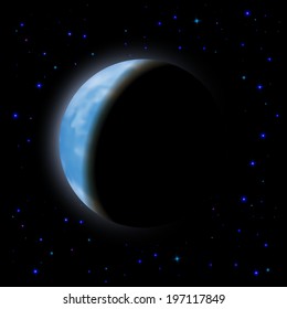 Eclipse of the planet on the black background, blue shining stars.