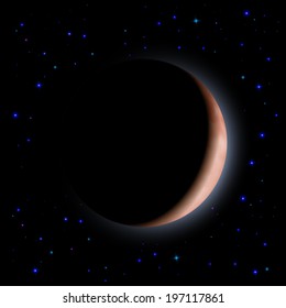 Eclipse of the planet on the black background. Blue shining stars.