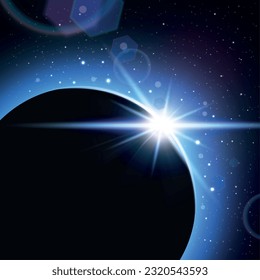 Eclipse realistic composition with dark planet and star flare behind vector illustrtion