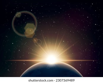 Eclipse realistic composition with sun flare and galaxy on background vector illustration