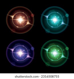 Eclipse realistic compositions set with for colored circle flares isolated vector illustration