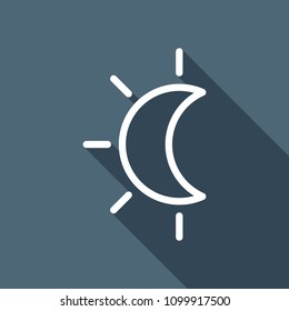 Eclipse. Simple linear icon with thin outline. White flat icon with long shadow on background