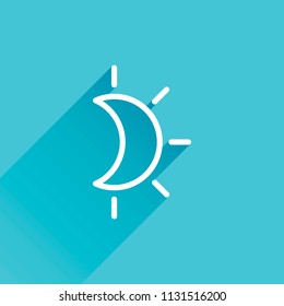 Eclipse. Simple linear icon with thin outline. Gray icon with long shadow in bottom left corner on blue background