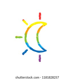 Eclipse. Simple linear icon with thin outline. Drawing sign with LGBT style, seven colors of rainbow (red, orange, yellow, green, blue, indigo, violet
