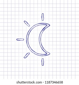 Eclipse. Simple linear icon with thin outline. Hand drawn picture on paper sheet. Blue ink, outline sketch style. Doodle on checkered background