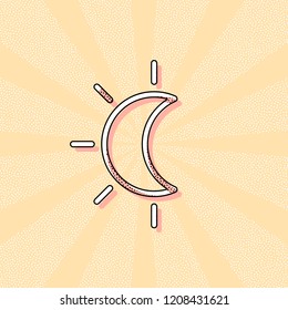 Eclipse. Simple linear icon with thin outline. Vintage retro typography with offset printing effect. Dots poster with comics pop art background