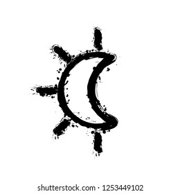 Eclipse. Simple linear icon with thin outline. Black ink with splashes on white background