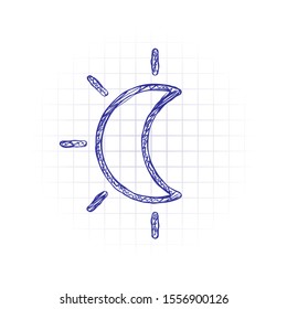 Eclipse. Simple linear icon with thin outline. Hand drawn sketched picture with scribble fill. Blue ink. Doodle on white background