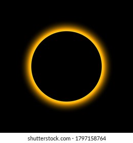 Eclipse solar. Total sun eclipse. Moon planet background. Light on horizon of earth. Concept of astronomy and space. Glow from full circle, ring of sun. Flare, shine on dawn. Mystery sunrise. Vector.