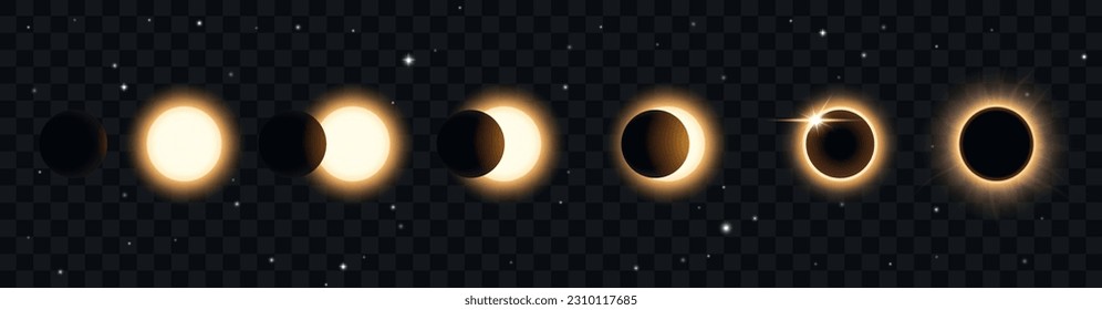 Eclipse stages realistic poster with sun and moon in different positions vector illustration