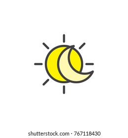 Eclipse with sun and crescent moon filled outline icon, line vector sign, linear colorful pictogram isolated on white. Solar eclipse symbol, logo illustration. Pixel perfect vector graphics
