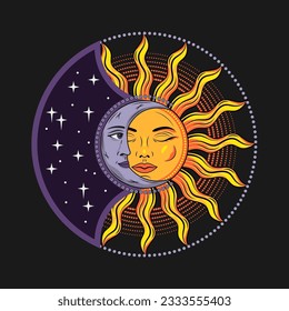 Eclipse with sun, crescent moon. Mythological medieval fairytale characters with face, magic, mystical, astrology symbols. Design for tattoo, astrology, stickers, tarot. Retro style.