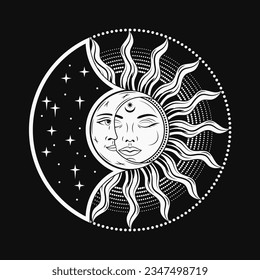 Eclipse with sun, crescent moon. Mythological medieval fairytale characters with face, magic, mystical, astrology symbols. Design for tattoo, astrology, stickers, tarot cards. Retro style.