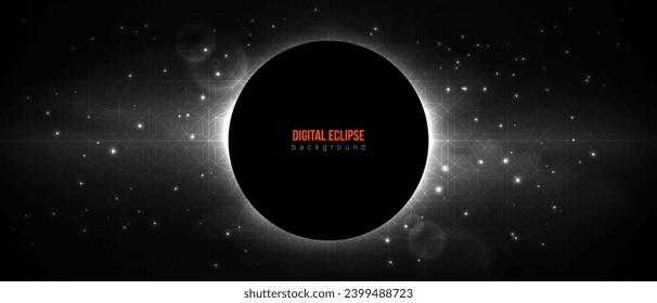 Eclipse tech modern background. Black hole outer space banner. Night starry sky geometrical pattern retro effect. Star light galaxy abstract universe. Dark moon center circle sci-fi background