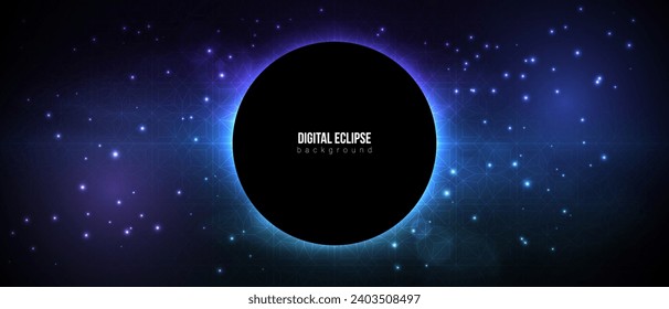 Eclipse tech modern background. Black hole outer space banner. Night starry sky geometrical pattern retro effect. Star light galaxy abstract universe. Dark moon center circle sci-fi background