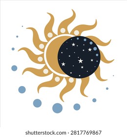 Eclipsed sun with starry moon celestial vector illustration. Mystical solar eclipse symbol showing sun partially covered by dark starry moon disc with wavy golden rays, boho esoteric clipart