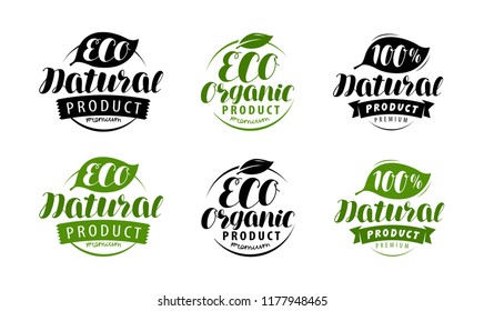 Eco 100% label or logo. Set of healthy natural, organic product badges. Vector illustration