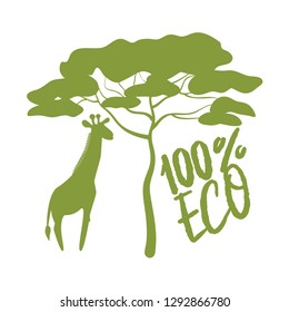 Eco 100% logo, tag, label, symbol, icon, brand design. Environmental problems. Ecosystem. . Giraffe and acacia silhouette. 