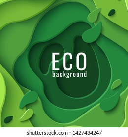 Eco abstract green paper cut background. Vector ecological banner with 3d layered paper cut. Ecology design concept for business posters, presentations, flyers, invitations.