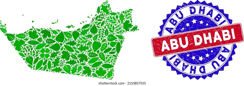 Eco Abu Dhabi Emirate map composition of floral leaves in green color tinges and grunge bicolor Abu Dhabi seal stamp. Red and blue bicolored stamp with corroded style and Abu Dhabi word.