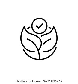 Eco acceptance icon. Simple outline style. Eco label with leaves and checkmark, tick, leaf, nature, tree, circle, plant, ecological concept. Thin line symbol. Vector isolated design