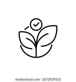 Eco acceptance icon. Simple outline style. Eco label with leaves and checkmark, tick, leaf, nature, tree, circle, plant, ecological concept. Thin line symbol. Vector isolated design