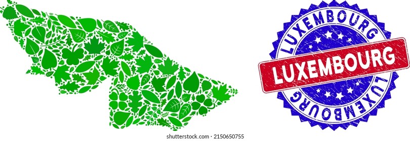 Collage de mapas del estado de Eco Acre de hojas de hierbas en variaciones de color verde y sello de sello de sello bicolor de Luxemburgo. Marca de agua bicolores roja y azul con textura grunge y frase luxemburguesa.