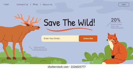 El blog Eco Activism, ayudando a animales y plantas, salvando al mundo. Información sobre extinción de especies y flora, asistencia a los bosques. Plantilla de página de inicio del sitio web, sitio de Internet. Vector de estilo plano