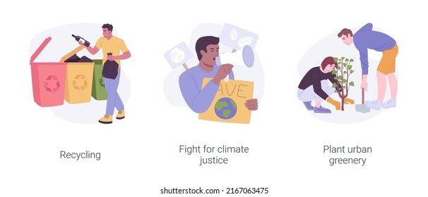Eco activism isolated cartoon vector illustrations set. Waste recycling, sorting materials, trash color indication, fight for climate justice, diverse people plant urban greenery vector cartoon.