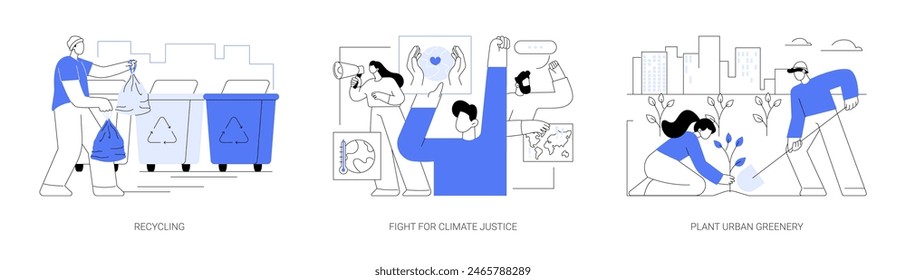 Eco activism isolated cartoon vector illustrations set. Waste recycling, sorting materials, trash color indication, fight for climate justice, diverse people plant urban greenery vector cartoon.