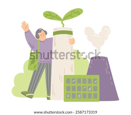 Similar – Image, Stock Photo Eco activist with banner “Wind Energy” on background of power stations for renewable electric energy production. Person and windmills. Wind turbines for generation electricity. Green
