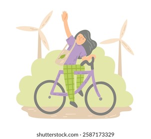 Eco activist cartoon character riding a bike. Woman on bicycle with windmill on background. Environment conservation, nature protection. Eco friendly lifestyle vector illustration
