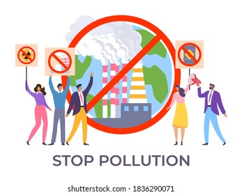 Carácter activista ecológico para detener la contaminación, grupo de jóvenes de manifestaciones masivas sosteniendo pancartas para proteger el medio ambiente ilustración vectorial plana, aislada en blanco. Contaminación tecnogénica alrededor.