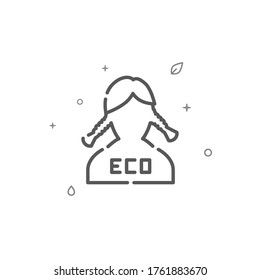 Eco activist, girl with pigtails simple vector line icon. Environment protection symbol, pictogram, sign. Light background. Editable stroke. Adjust line weight.