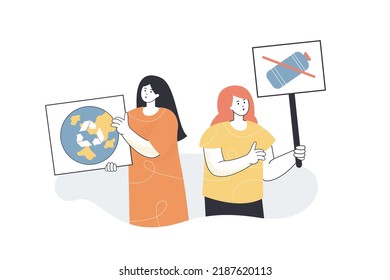 Eco activists arguing for plastic recycling. Women holding banners, taking care of planet flat vector illustration. Ecology protest, protection concept for banner, website design or landing web page