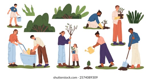 Eco activists personages planting saplings and trees, bushes and flowers. Vector in flat style, ecologically friendly people caring for nature in city. Yard or park greenery, gardeners organization