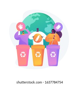 Eco activists sorting garbage. Waste segregation. Disposable system. Ecological responsibility. Trash containers, rubbish cans, recycling idea. Vector isolated concept metaphor illustration