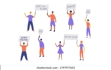 Activistas ecológicos protestaron. Gente protestando contra la contaminación ambiental. Hombres y mujeres con pancartas fueron a la huelga. La organización verde protege a la naturaleza. Ilustración plana del vector