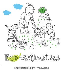 Eco activities; ecology and environment protection, vector drawing ; isolated on background.