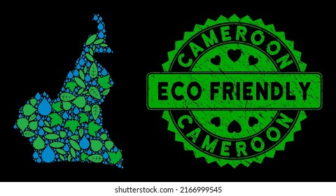 Eco African Cameroon map collage of plant leaves and water dews, and ECO FRIENDLY badge stamp. African Cameroon map is created from green herbal elements and blue water dews.