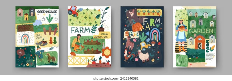 Eco agriculture. Farm and garden cards. Greenhouse harvest. Vegetable cultivation. Domestic animals. Spring gardening. Seedbeds and field scarecrow. Cartoon gardeners work. Vector tidy banners set