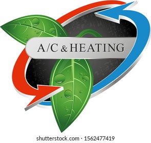 Eco air conditioning and heating symbol. Green leaf and red blue arrows