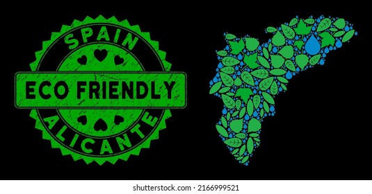 Eco Alicante Province map collage of floral leaves and water dews, and ECO FRIENDLY quality seal. Alicante Province map is shaped with green floral items and blue water dews.