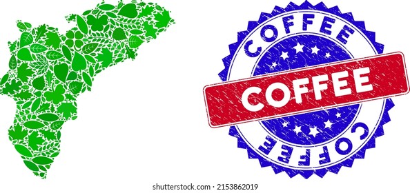 Eco Alicante Province map composition of herbal leaves in green color tones with grunge bicolor Coffee seal. Red and blue bicolored seal with grunge surface and Coffee word.