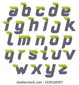 Eco alphabet with green leaves. Lowercase typeface, vector design template elements for natural labels, headlines, posters, cards etc.