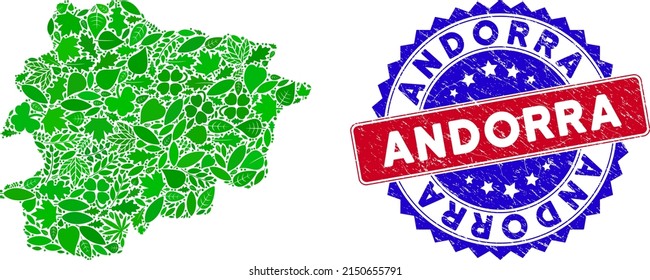 Eco Andorra map collage of floral leaves in green color shades and grunge bicolor Andorra stamp. Red and blue bicolored stamp with corroded surface and Andorra phrase.