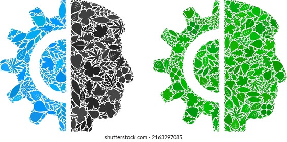 Robótica androide ecológica icono mosaico de hojas de hierbas en tintes de color verde y natural. Plantilla de vector de entorno ecológico para icono de robótica androide.