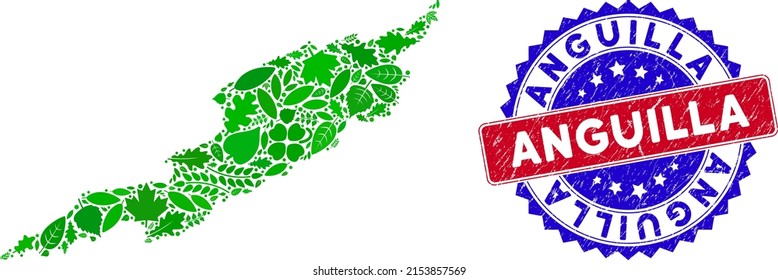 Eco Anguilla Island map collage of herbal leaves in green color variations with grunge bicolor Anguilla seal. Red and blue bicolored badge with corroded surface and Anguilla caption.