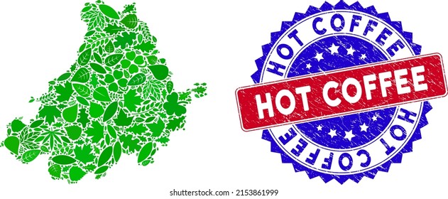 Eco Avila Province map collage of plant leaves in green color tones with grunge bicolor Hot Coffee seal. Red and blue bicolored imprint with grunge texture and Hot Coffee word.